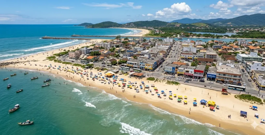 Praia de Barra Velha com infraestrutura comercial ao fundo
