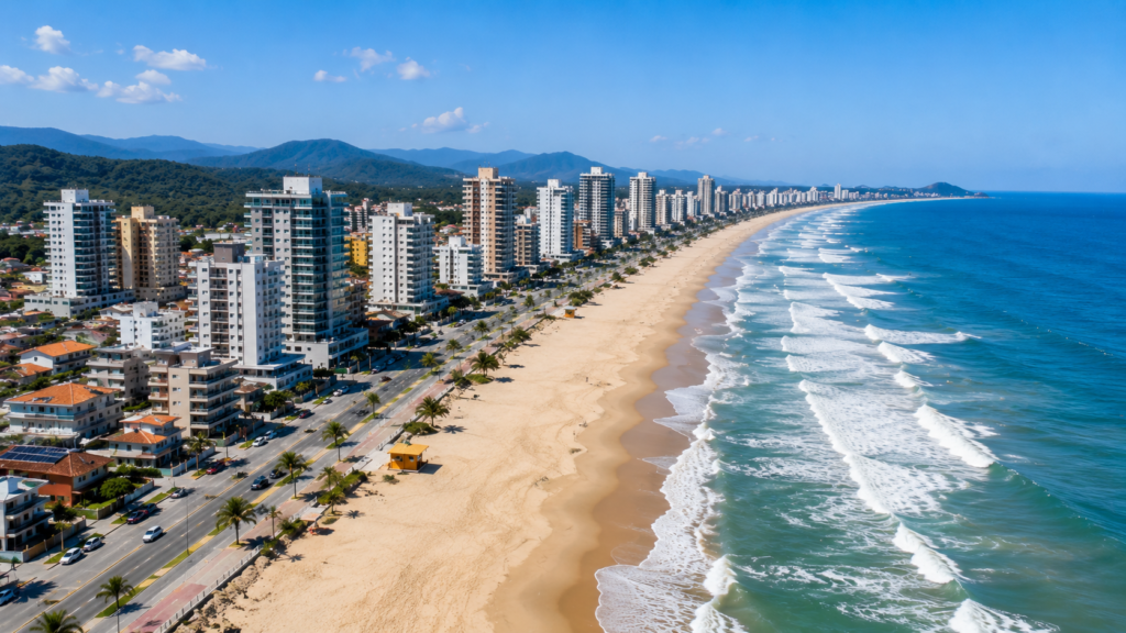 Praia do Tabuleiro em Barra Velha com faixa de areia extensa e prédios na orla
